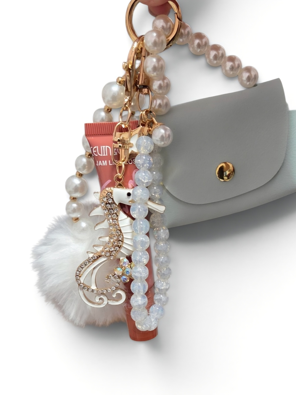 Mint Women's Bag/key Charm with Pearl Beads and Seahorse Accent